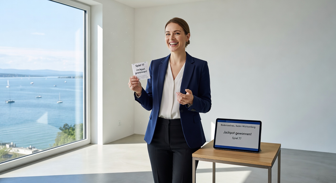 Lotto-Ziehungsszene mit rotierender Trommel und jubelnden Gewinnern im Hintergrund