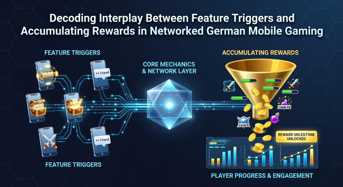 Netzwerkdiagramm zeigt Feature-Trigger und Belohnungsakkumulation in deutschen mobilen Spielen