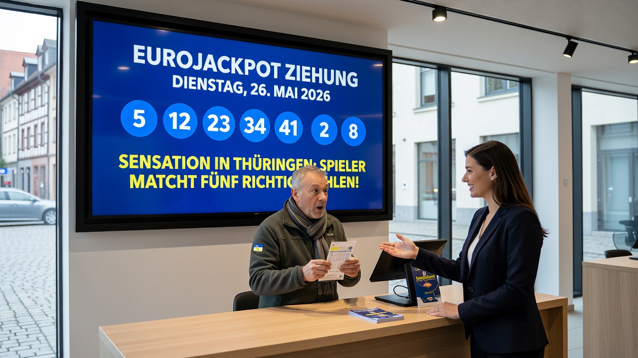 Bild eines Lotto-Scheins mit markierten Gewinnzahlen vor Berliner Straßenkulisse